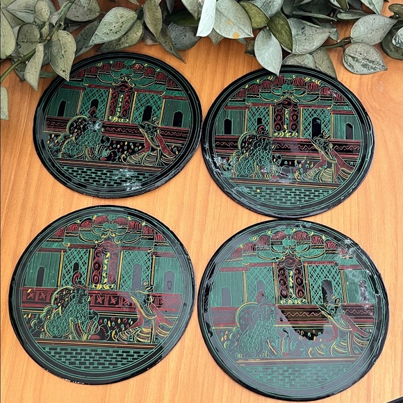 Chinese Vintage Lacquer Wear Coaster Set 4 Pieces - Picture 3 of 10